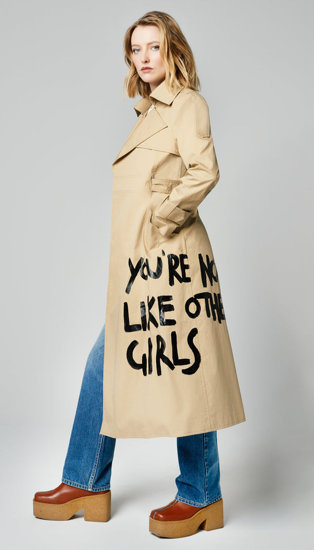 Hand-Painted Trench Coat – “You're Not Like Other Girls”